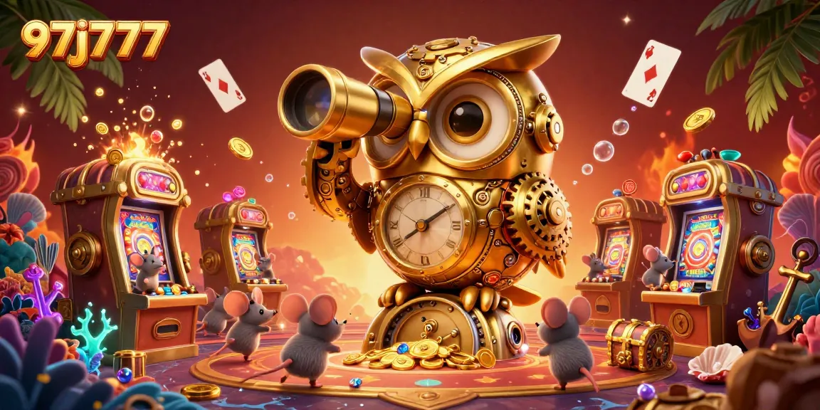 Experience the thrill of 97j777 at a vibrant casino with a clockwork owl and whimsical characters.