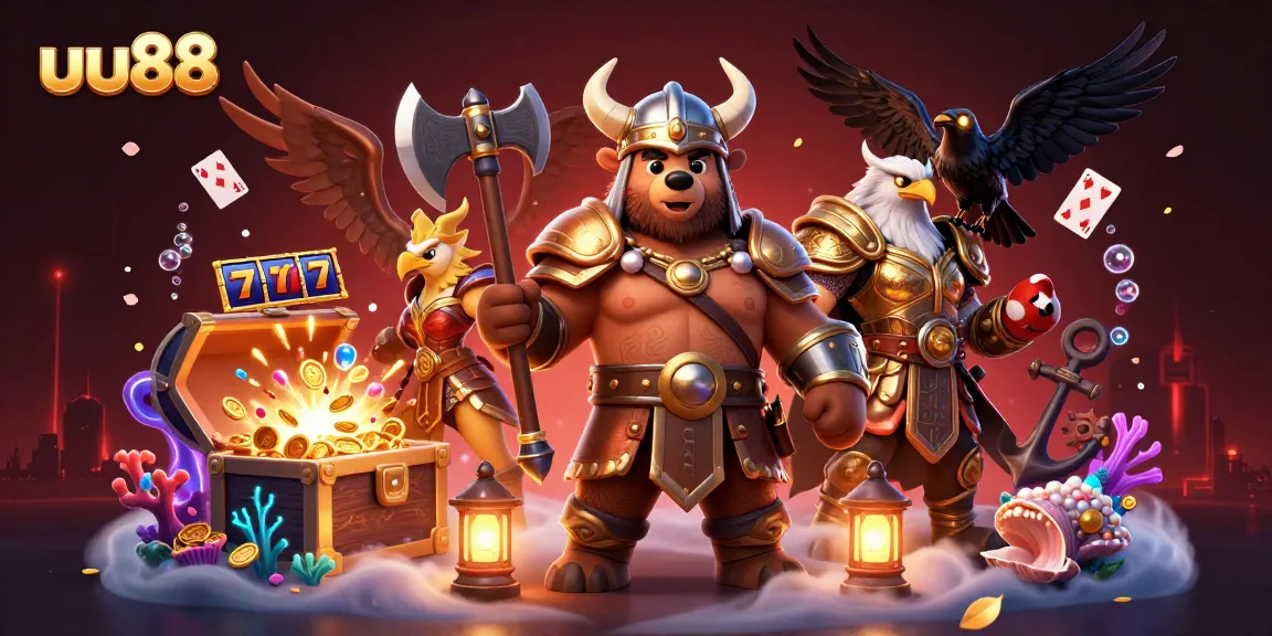 Engage with thrilling slots at uu88, featuring a Viking bear and Valkyrie in a vibrant casino scene.
