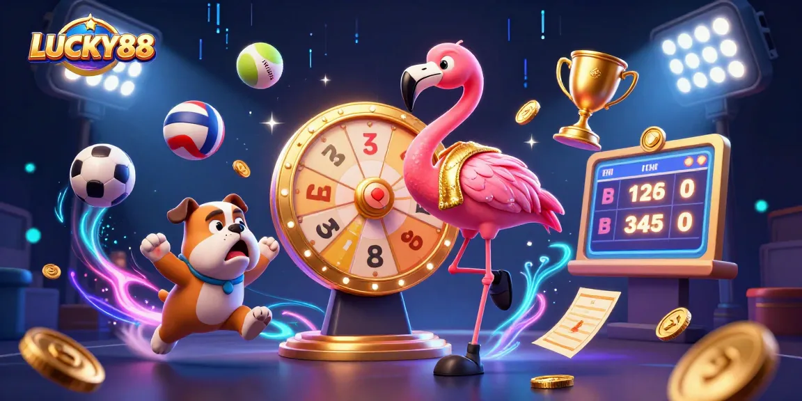 Experience the thrilling activities of LUCKY88 with a vibrant game show scene featuring a flamboyant host, exciting sports elements and dynamic visuals.