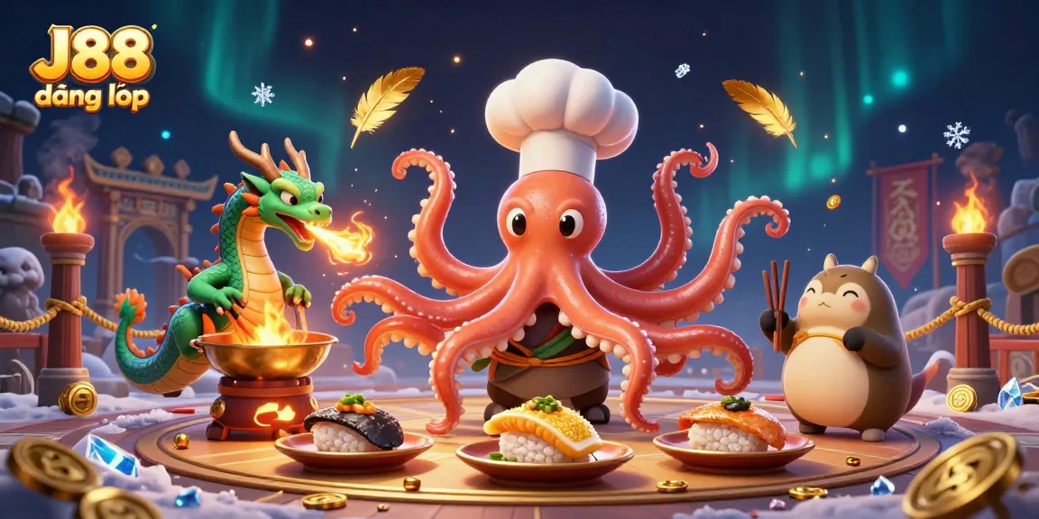Experience vibrant gaming action with J88 đăng nhập, featuring a chef octopus, dragon, and tanuki in a casino scene.