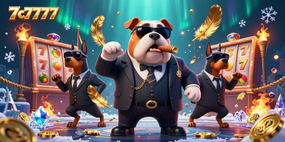 Engage with 7c7777's lively slot scene featuring a mafia bulldog and Doberman bodyguards amid dazzling elements.
