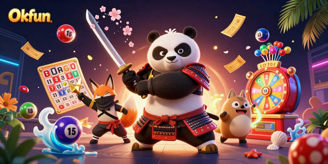 Engage with Okfun's vibrant gaming scene featuring a panda samurai and ninja fox uplifting the excitement of lottery adventures.