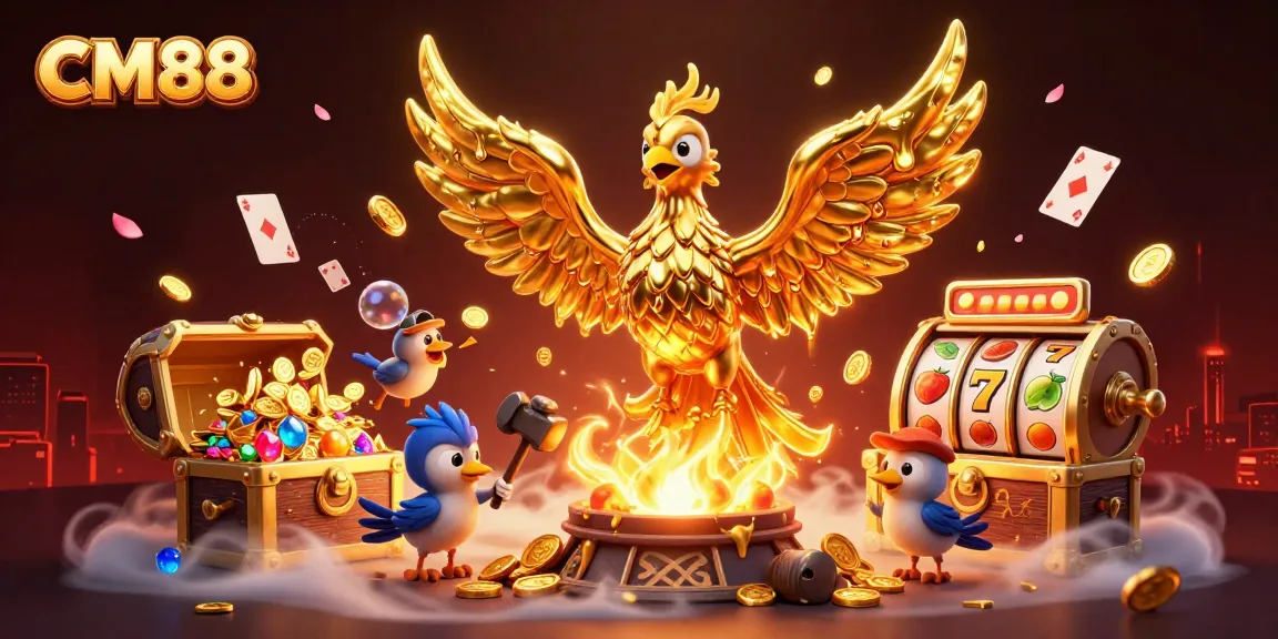 Engage with CM88, featuring a golden phoenix amidst a dynamic casino-themed illustration bursting with gold coins and gem treasures.