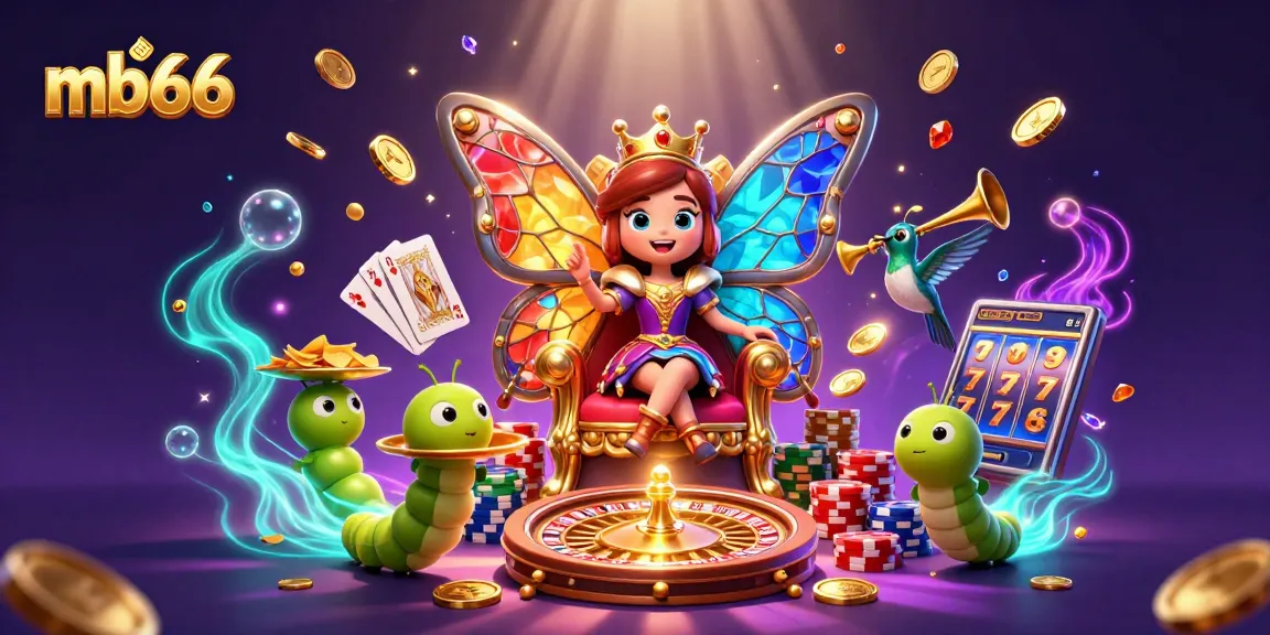 Experience excitement at mb66 with a queen and caterpillars in vibrant casino-themed 3D illustration.