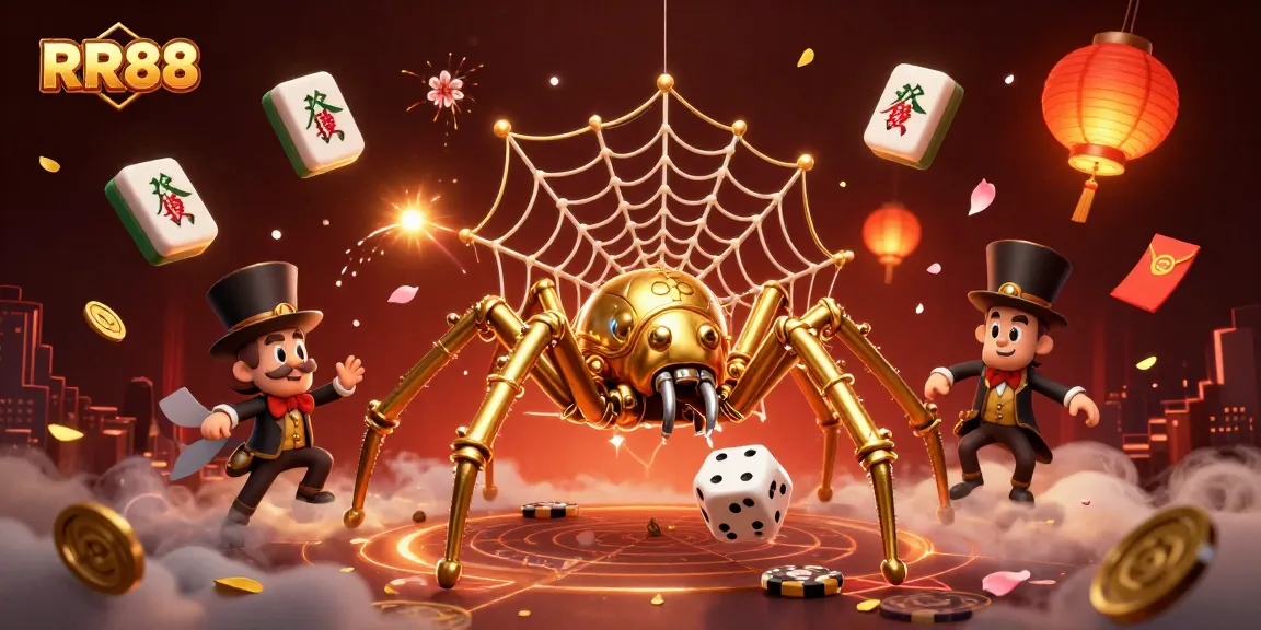 Unleash your luck at RR88 with golden spider catching dice, surrounded by enchanting casino elements.