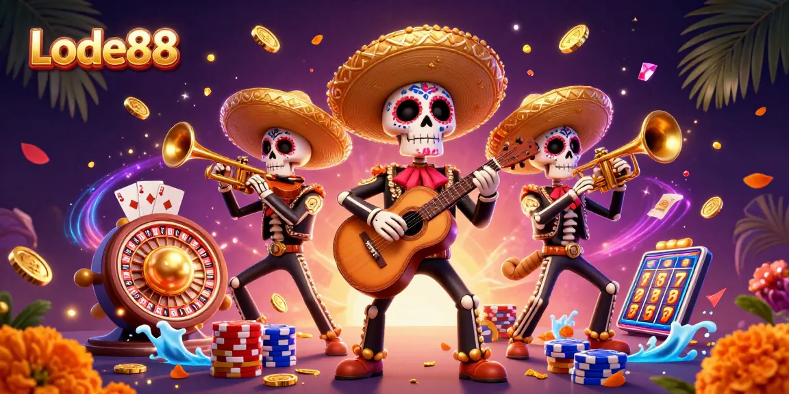 Experience the vibrant thrill of Lode88 with colorful mariachi skeletons celebrating wins in a dazzling casino scene.