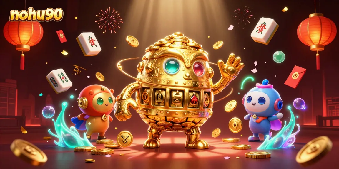 Nohu90 features a captivating golden golem surrounded by vibrant casino elements, enhancing the gaming experience.