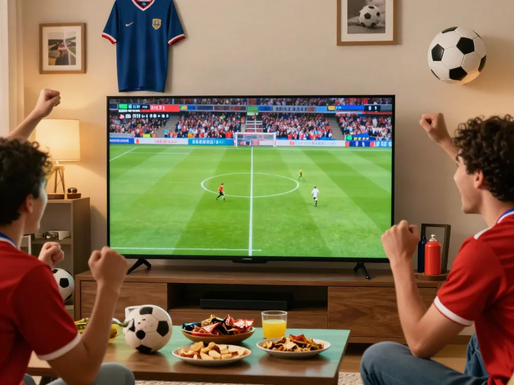 Football fan enjoying live action on cakhiatv surrounded by friends and snacks.