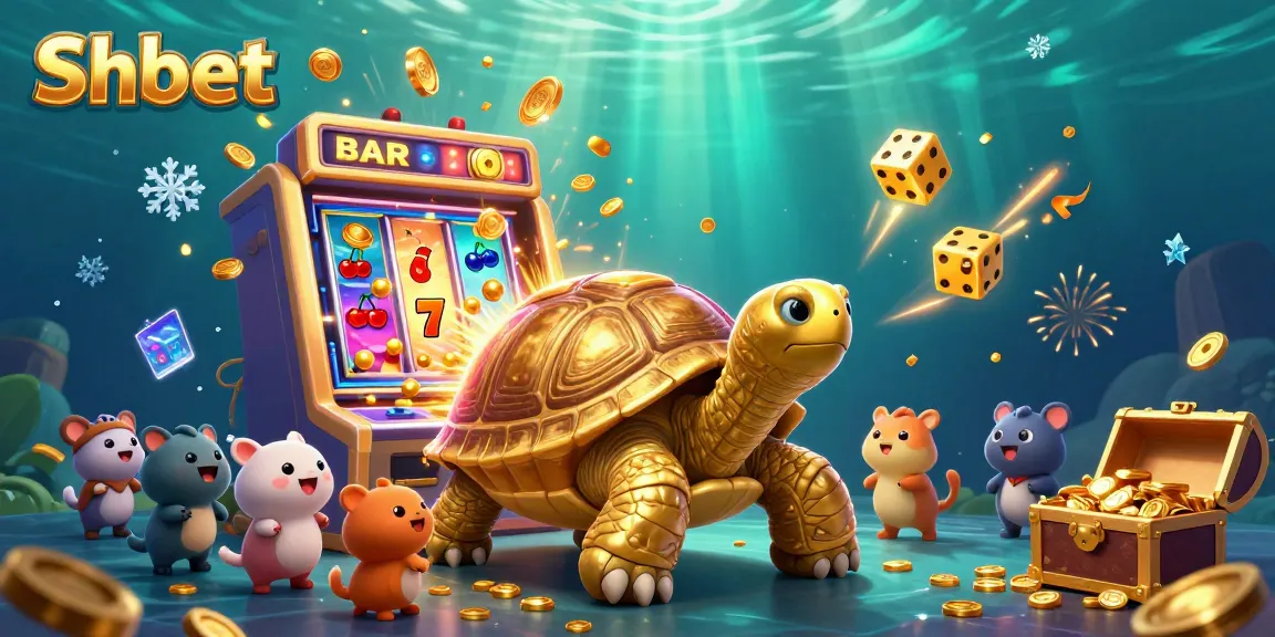 Shbet showcases a vibrant casino scene with a golden tortoise and exciting jackpot elements.