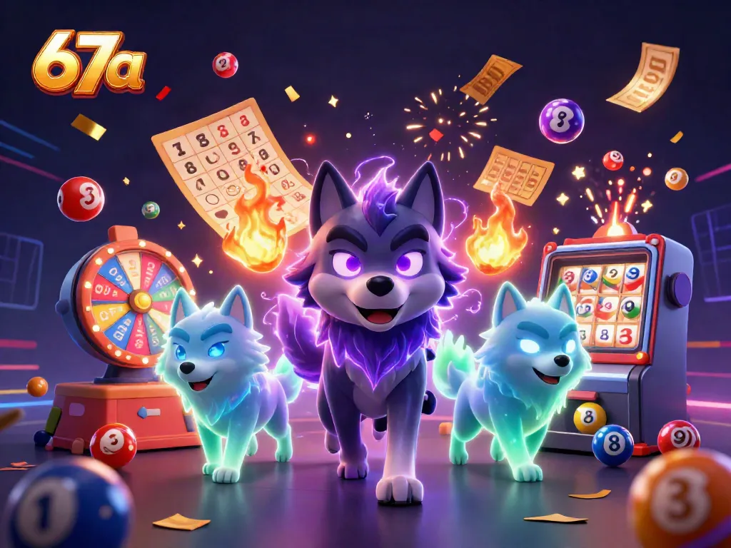 Explore exciting gaming action at 67a with a dynamic scene of winning lottery elements and glowing wolves.