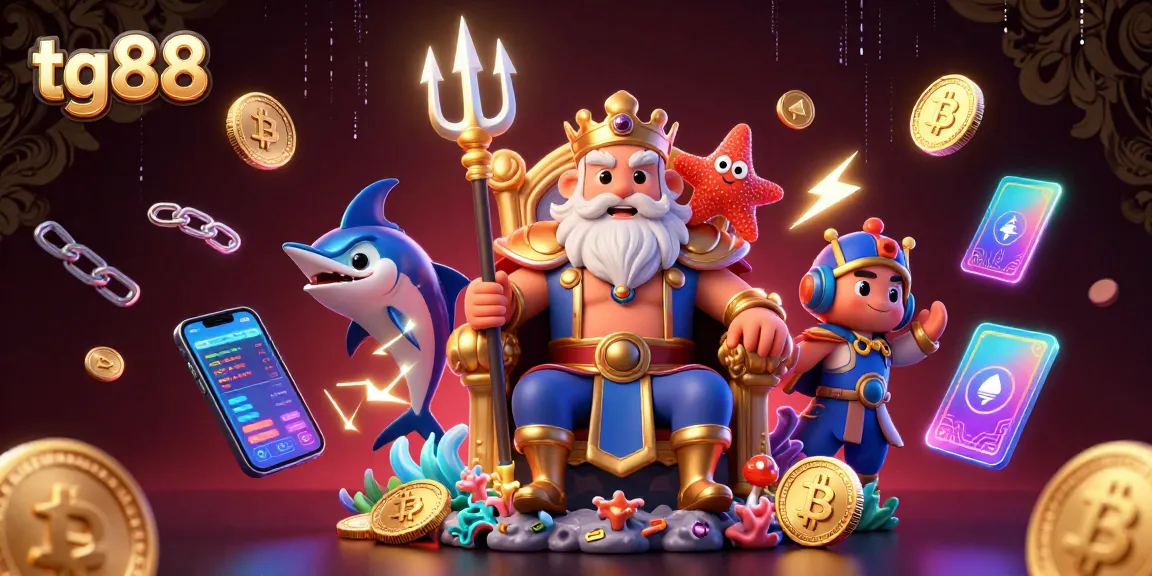 Experience gaming excitement with tg88 in a vibrant, detailed 3D casino scene featuring king Neptune and cryptocurrency.