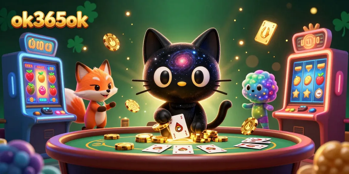 Experience the thrill of gaming at ok365ok with our cosmic casino scene featuring vibrant slots and captivating characters.