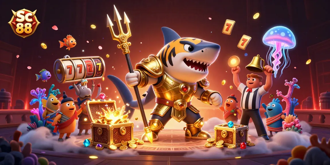 Engage with Sc 88's thrilling underwater casino experience featuring a fierce tiger shark and treasures galore.