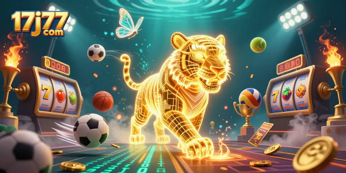 The golden tiger of 17j77 com trails luminous code in a vibrant casino filled with dynamic sports elements.