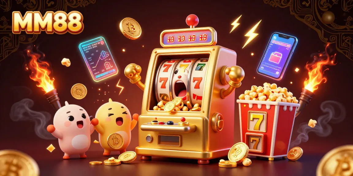 Celebrate MM88's jackpot wins with a lively casino scene featuring animated slot machines and crypto elements.
