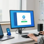 Download Telegram app in a modern workspace, showcasing installation process on high-resolution monitor with productivity gadgets.
