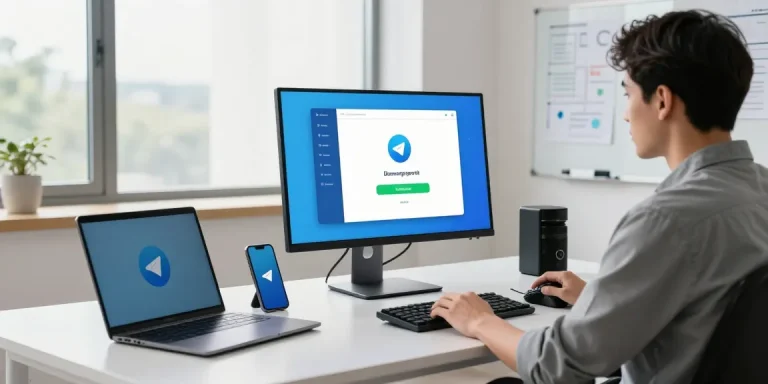 Download Telegram app in a modern workspace, showcasing installation process on high-resolution monitor with productivity gadgets.