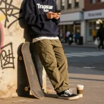 Scopri l'abbigliamento streetwear alla moda di Trapstar Italy, con outfit trendy in un contesto urbano.