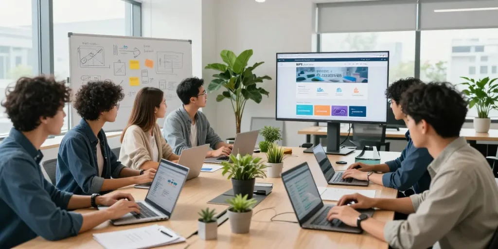 Dynamic team collaboration at the WPS Official Website in a modern office setting, showcasing productivity.