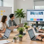 Dynamic team collaboration at the WPS Official Website in a modern office setting, showcasing productivity.