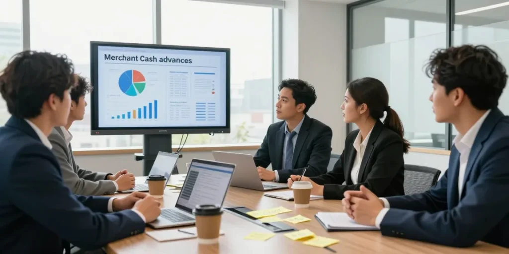 Team discussing best merchant cash advance options in modern office.