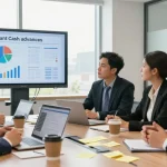 Team discussing best merchant cash advance options in modern office.