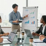 Entrepreneurs collaborate in a modern conference room, discussing strategies to apply for merchant cash advance for business growth.