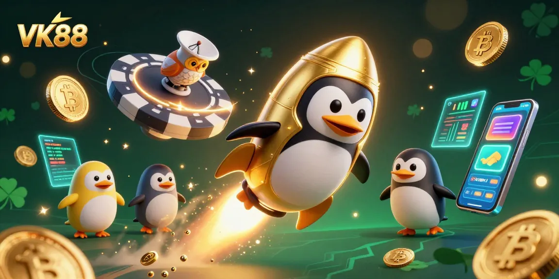 Experience VK88's thrilling casino adventure with our golden penguin blasting through space!