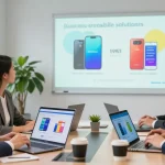 Team discussing business mobile contracts UK in a modern office with technology and collaboration.