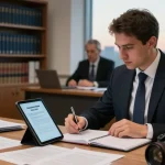 Una professionista studiando il Regolamento UE 1935/2004 in un ufficio legale moderno.