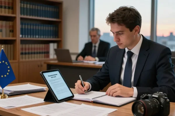 Una professionista studiando il Regolamento UE 1935/2004 in un ufficio legale moderno.