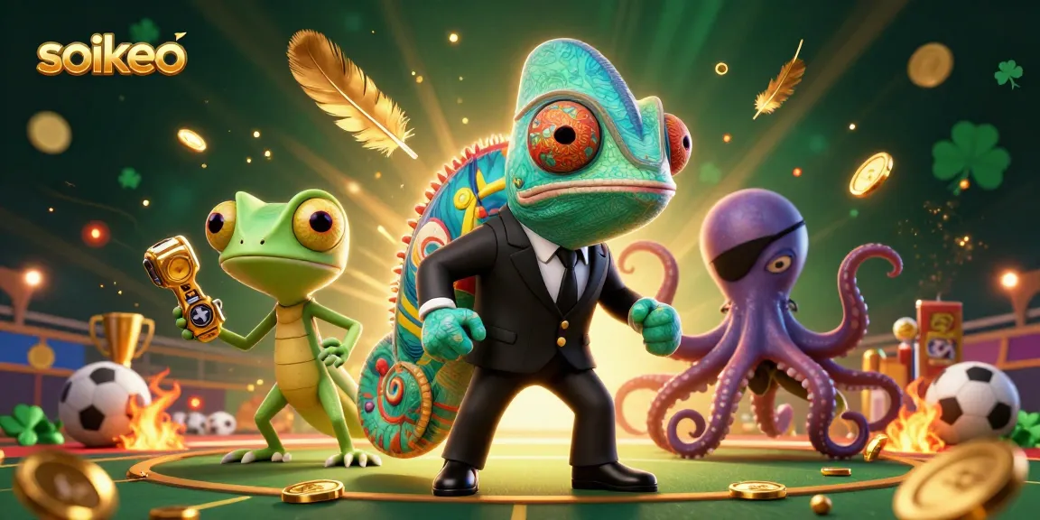 Engage in thrilling sports betting with soikeo, featuring dynamic chameleon and gecko characters.