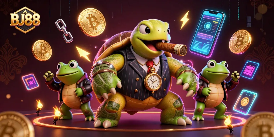 Engage in thrilling gameplay at BJ88, featuring vibrant 3D characters and neon crypto elements.